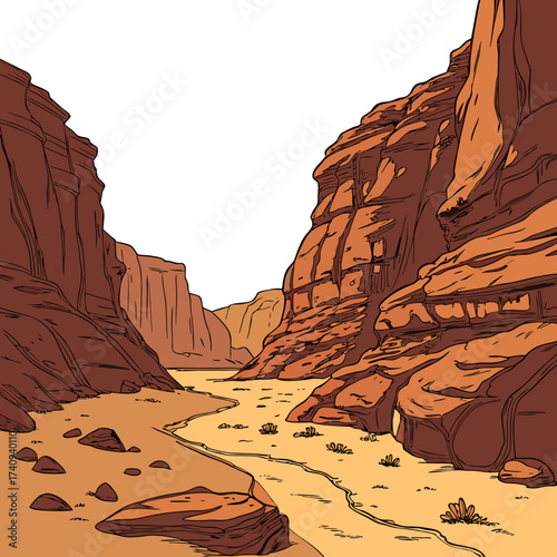 Stylized illustration of a desert canyon with a winding path and sparse vegetation under a bright sky