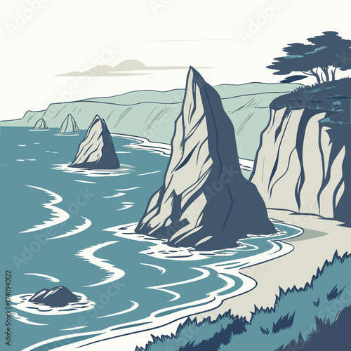 Stylized illustration of a rugged coastline with dramatic sea stacks and waves crashing on a sandy beach under a cloudy sky
