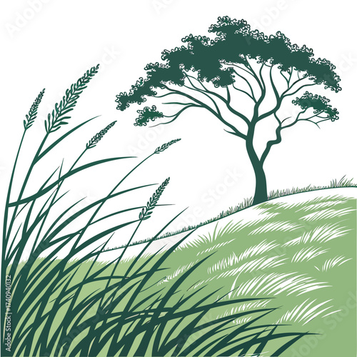 Stylized illustration of a lone acacia tree on a grassy hill with tall grass in the foreground against a white background