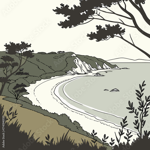 Stylized illustration of a serene coastal bay with rolling green hills a sandy beach and silhouetted trees against a pale sky