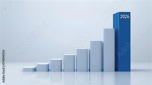 Rising bar chart, ascending white and blue blocks representing progress, year 2026,Abstract financial graph illustrating growth, blue bar with '2026' shows projection