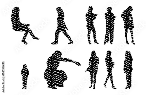 Vector illustration, Outline silhouettes of people, Contour drawing, people silhouette, Icon Set Isolated , Silhouette of sitting people, Architectural set