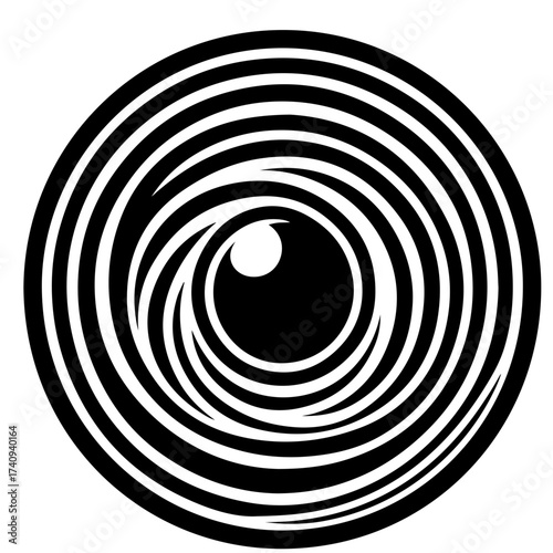 Abstract spiral design with concentric black and white lines forming a vortex around a central eye shape