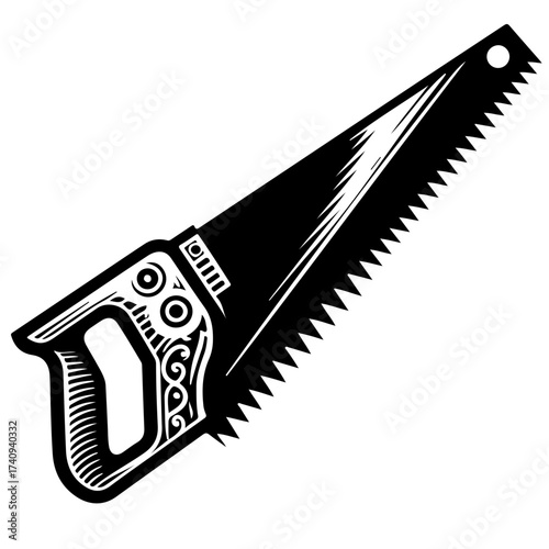 Illustration of a hand saw with a decorative handle and sharp teeth on a white background image art