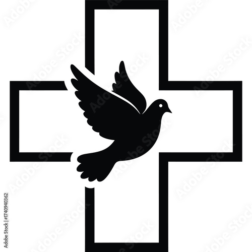 Dove and Cross Symbol religion christianity faith peace spirituality holy spirit bird flying black and white religious icon sign