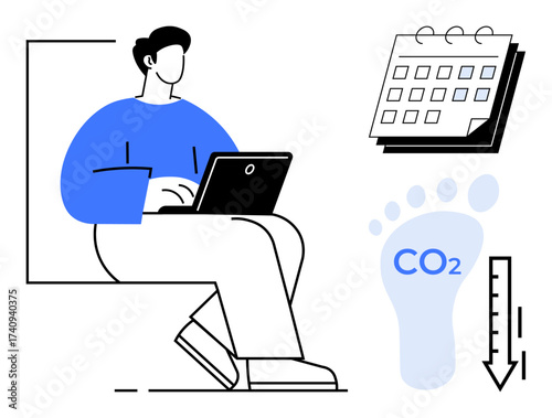 Person using laptop, calendar representing planning, carbon footprint icon with CO2, and thermometer pointing down. Ideal for sustainability, eco-friendly practices, remote work, planning, emission