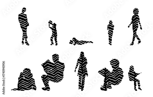 Vector illustration, Outline silhouettes of people, Contour drawing, people silhouette, Icon Set Isolated , Silhouette of sitting people, Architectural set