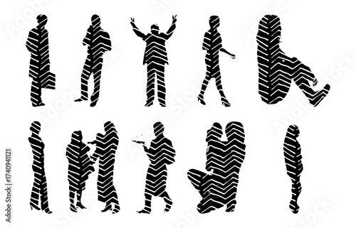Vector illustration, Outline silhouettes of people, Contour drawing, people silhouette, Icon Set Isolated , Silhouette of sitting people, Architectural set