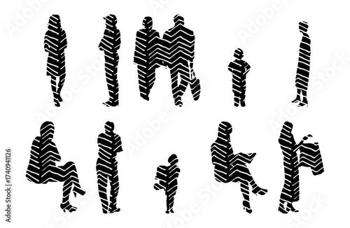 Vector illustration, Outline silhouettes of people, Contour drawing, people silhouette, Icon Set Isolated , Silhouette of sitting people, Architectural set
