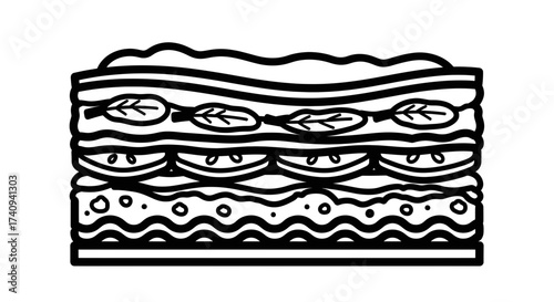 Black and white illustration of a layered lasagna dish.