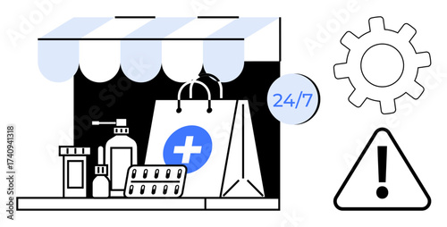 Pharmacy items thumbs up medicine bottles, capsule packs, and sanitizer with 247 sign under awning gear and alert icons. Ideal for healthcare, accessibility, utility, service, medical, pharmacy