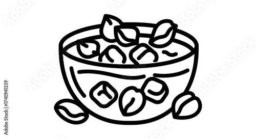 Bowl of cereal with milk and nuts healthy breakfast isolated on white background.