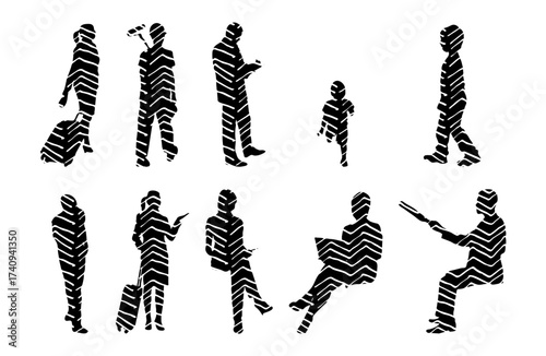 Vector illustration, Outline silhouettes of people, Contour drawing, people silhouette, Icon Set Isolated , Silhouette of sitting people, Architectural set
