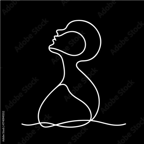 A minimalist white line drawing of a person looking up against a black background in simple illustration