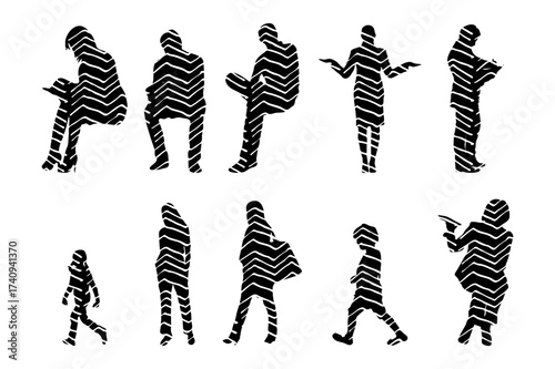 Vector illustration, Outline silhouettes of people, Contour drawing, people silhouette, Icon Set Isolated , Silhouette of sitting people, Architectural set