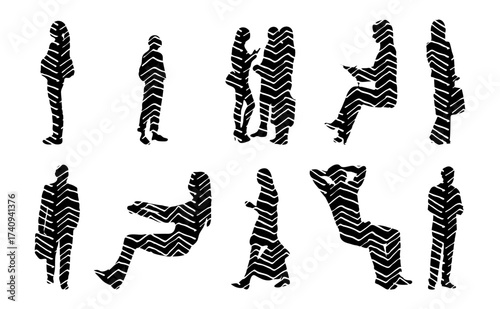Vector illustration, Outline silhouettes of people, Contour drawing, people silhouette, Icon Set Isolated , Silhouette of sitting people, Architectural set