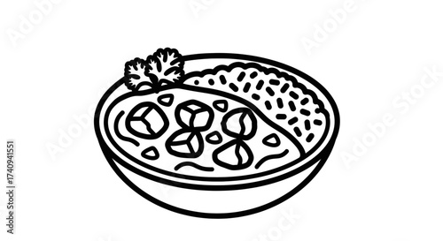 Delicious bowl of curry with rice and garnish a tasty meal.