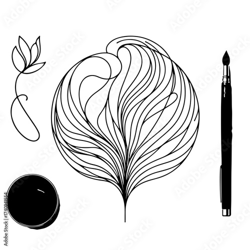 Illustration showing a flower bud, abstract lines, black ink pot, and a paint brush on a white background