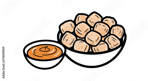 Delicious Fried Chicken Nuggets with Dipping Sauce in Bowls.