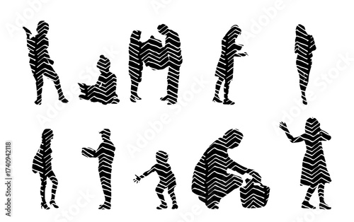 Vector illustration, Outline silhouettes of people, Contour drawing, people silhouette, Icon Set Isolated , Silhouette of sitting people, Architectural set