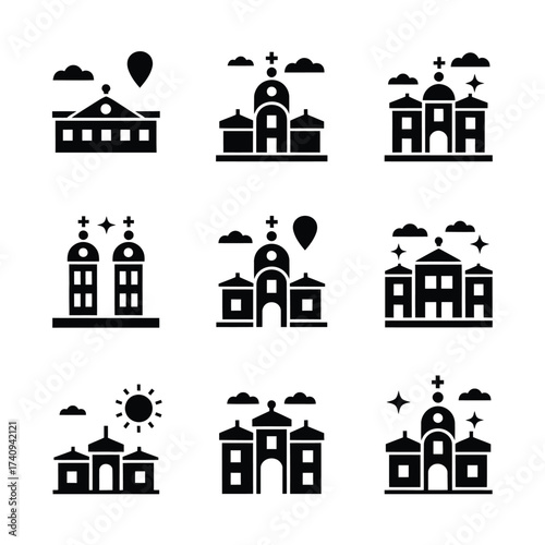 Collection of scalable vector icons representing landmarks and location markers for digital projects silhouette vector illustration white background