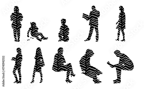 Vector illustration, Outline silhouettes of people, Contour drawing, people silhouette, Icon Set Isolated , Silhouette of sitting people, Architectural set