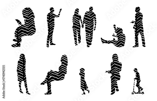 Vector illustration, Outline silhouettes of people, Contour drawing, people silhouette, Icon Set Isolated , Silhouette of sitting people, Architectural set