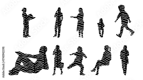 Vector illustration, Outline silhouettes of people, Contour drawing, people silhouette, Icon Set Isolated , Silhouette of sitting people, Architectural set