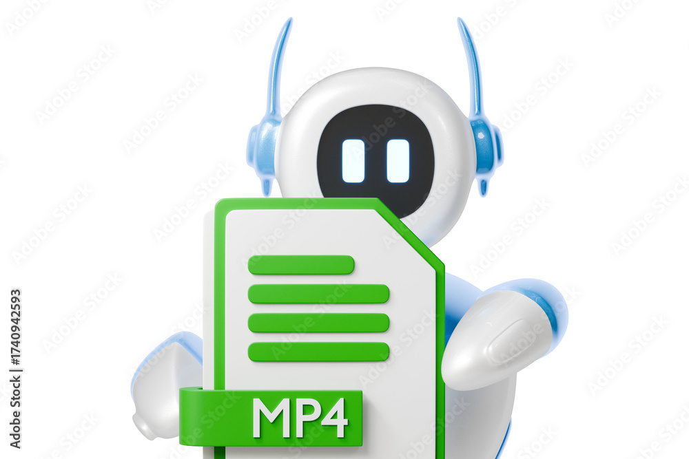 Obraz premium 3d robot holding mp4 file icon. video media concept. Minimal cartoon mp4 video file media for app banner and website header. isolated on white background. 3d render.