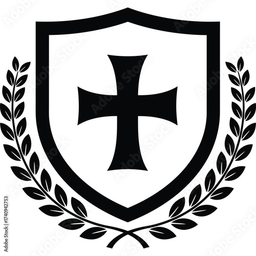 Heraldic shield with cross and laurel wreath in black and white symbol emblem coat of arms heraldry victory honor tradition medieval