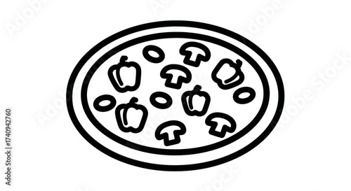 Pizza with vegetables and mushrooms black and white illustration food concept.