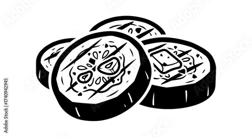 Sushi rolls illustration black and white food art Japanese cuisine delicious meal.