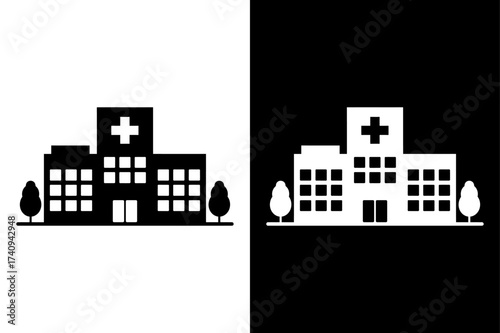 Hospital Building Stencil Icon. Black and White Vector Symbol Design