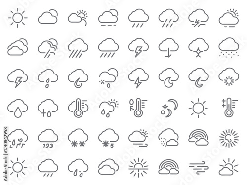 Minimalist weather icon set 50 scalable vector graphics for forecasts and meteorology applications silhouette vector illustration white background