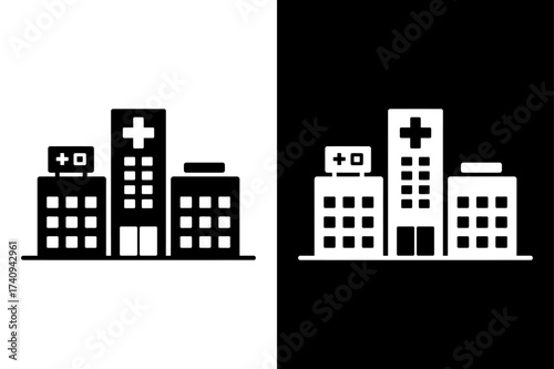 Medical Hospital Silhouette Icon. Vector Illustration of Building with Cross