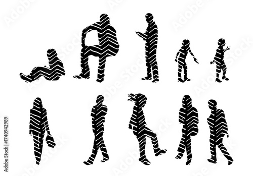 Vector illustration, Outline silhouettes of people, Contour drawing, people silhouette, Icon Set Isolated , Silhouette of sitting people, Architectural set