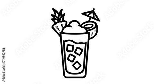 Tropical cocktail with pineapple coconut and umbrella decoration.