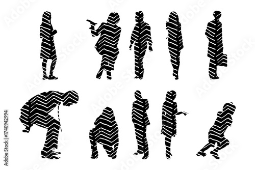 Vector illustration, Outline silhouettes of people, Contour drawing, people silhouette, Icon Set Isolated , Silhouette of sitting people, Architectural set