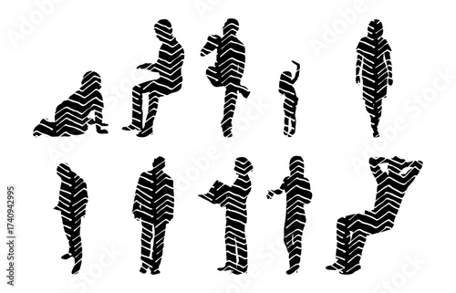 Vector illustration, Outline silhouettes of people, Contour drawing, people silhouette, Icon Set Isolated , Silhouette of sitting people, Architectural set