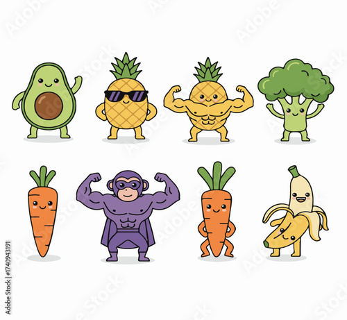 Cute Cartoon Fruit and Vegetable Character Set