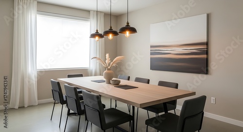 Bright Dining Room with Modern Decor and Large Window.