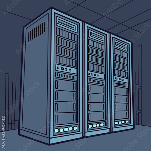 Illustration of a server room with multiple server racks, representing data storage, cloud computing, and it infrastructure concept of modern data center with network and hardware