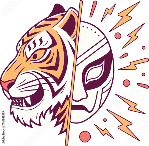 Dynamic tiger and wrestler mask graphic, perfect for branding, apparel, and edgy designs with a bold, creative impact, originally scalable vector