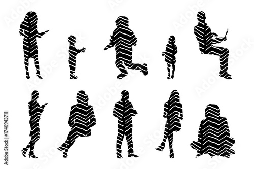 Vector illustration, Outline silhouettes of people, Contour drawing, people silhouette, Icon Set Isolated , Silhouette of sitting people, Architectural set