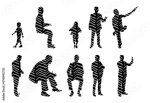 Vector illustration, Outline silhouettes of people, Contour drawing, people silhouette, Icon Set Isolated , Silhouette of sitting people, Architectural set