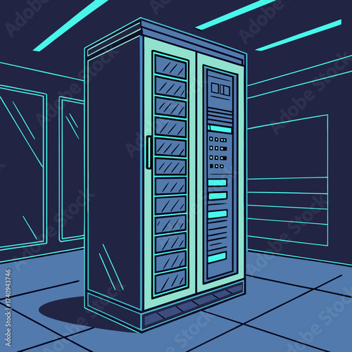Illustration of a server rack inside a data center, showcasing the infrastructure and technology used for data storage and processing, with a focus on security and reliability