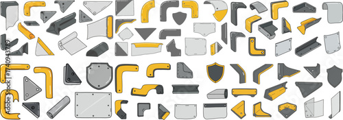 A collection of various construction tool parts in gray and yellow, showcasing a range of shapes.