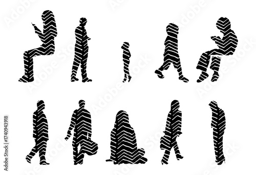 Vector illustration, Outline silhouettes of people, Contour drawing, people silhouette, Icon Set Isolated , Silhouette of sitting people, Architectural set