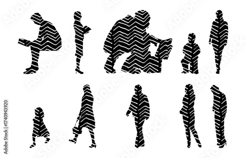 Vector illustration, Outline silhouettes of people, Contour drawing, people silhouette, Icon Set Isolated , Silhouette of sitting people, Architectural set
