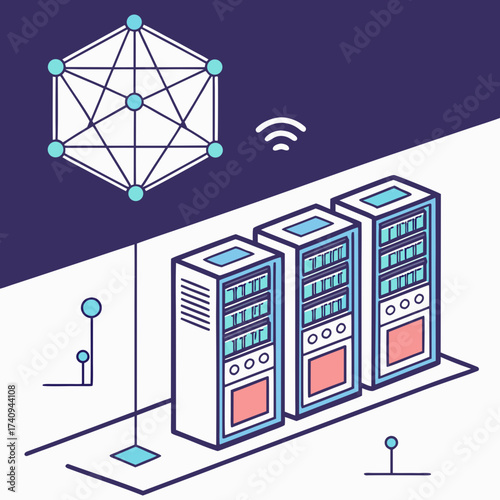 Vector art of isometric illustration of a server room with network connections, showcasing a modern and clean design